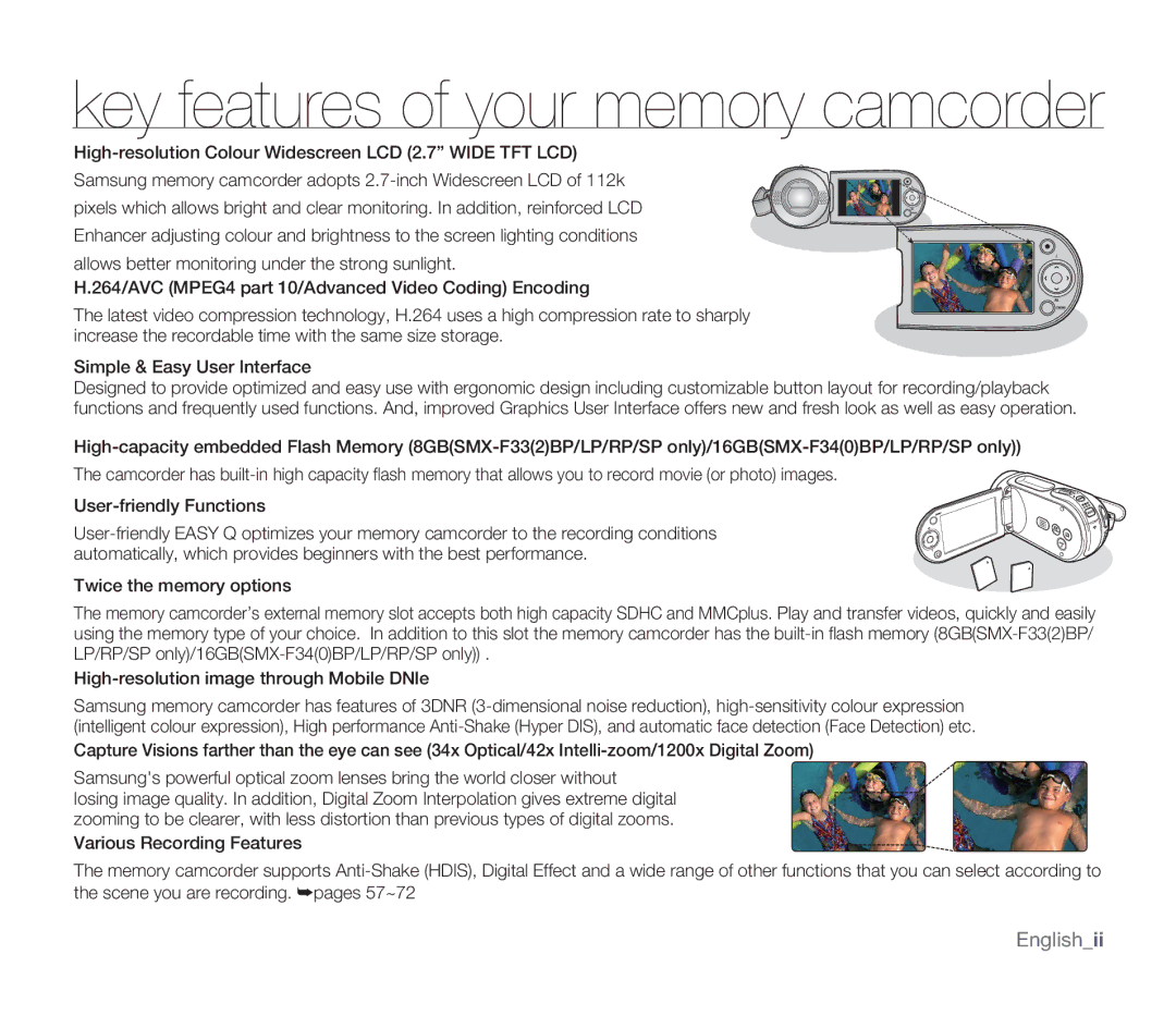 Samsung SMX-F33(2)BP, SMX-F30(0)SP, SMX-F33(2)RP, SMX-F30(0)RP, SMX-F30(0)LP user manual Key features of your memory camcorder 