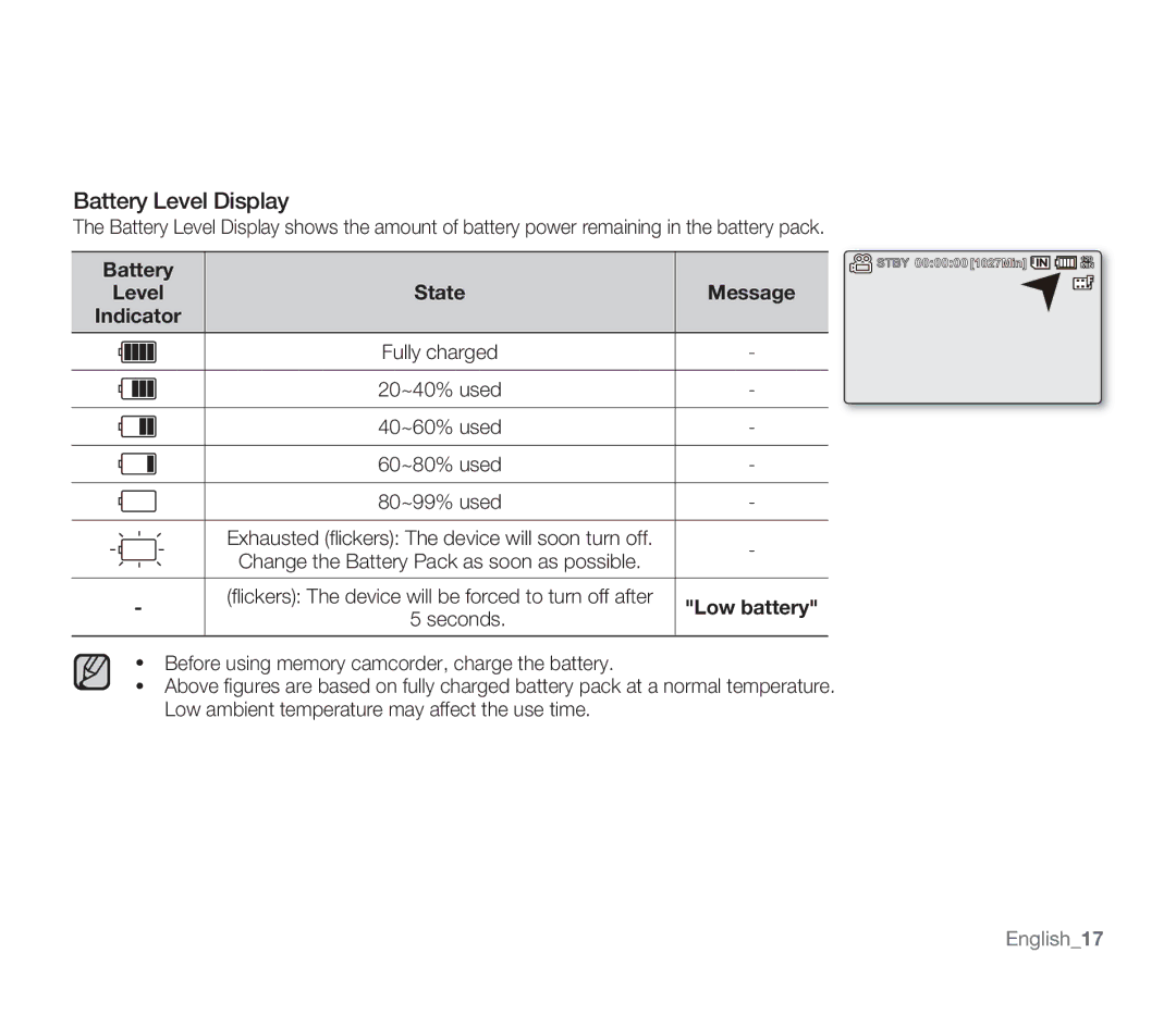 Samsung SMX-F34(0)BP, SMX-F30(0)SP, SMX-F33(2)RP, SMX-F33(2)BP, SMX-F30(0)RP, SMX-F30(0)LP, SMX-F34(0)SP Battery Level Display 