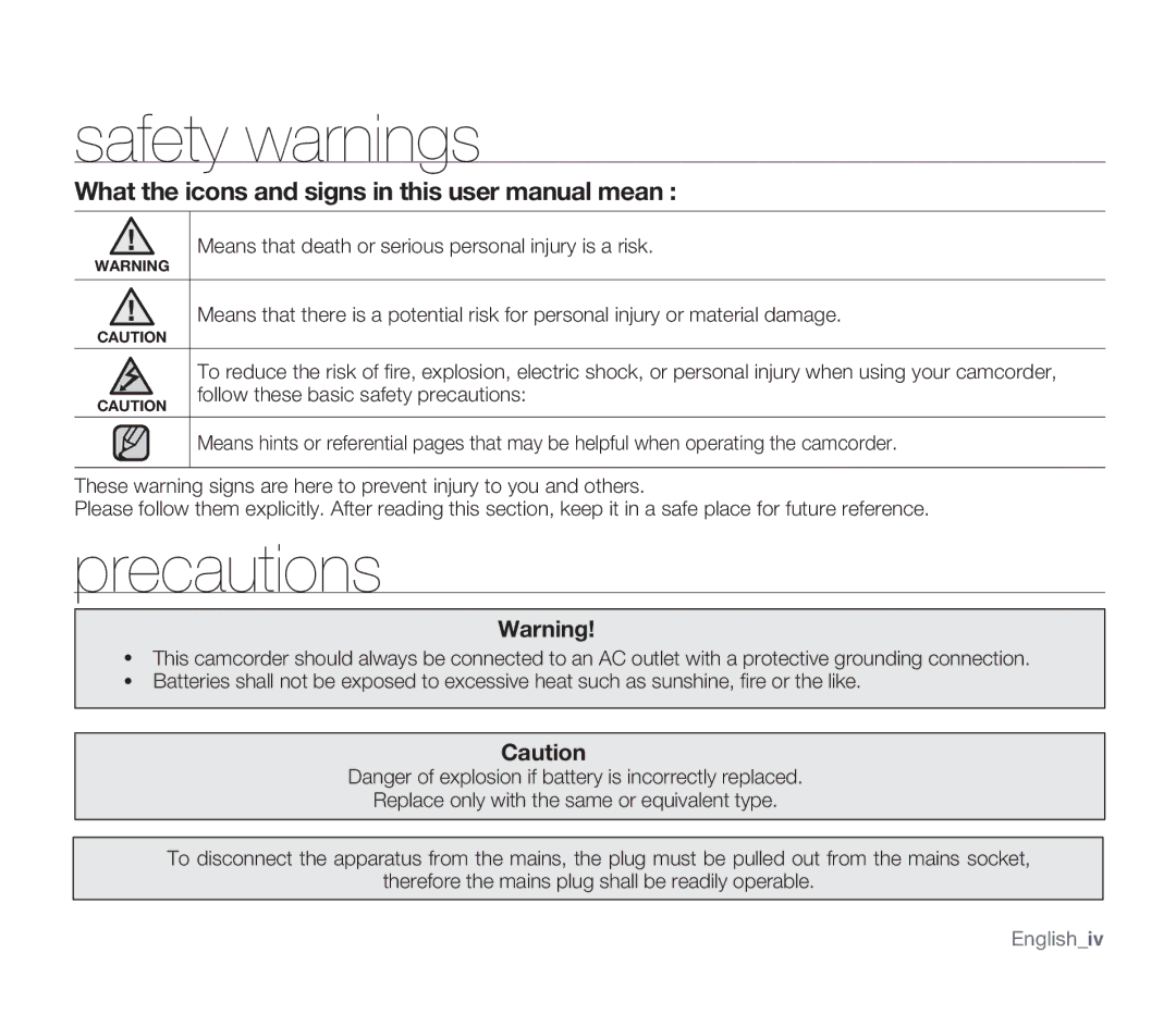 Samsung SMX-F30(0)LP, SMX-F30(0)SP, SMX-F33(2)RP, SMX-F33(2)BP, SMX-F30(0)RP, SMX-F34(0)SP Safety warnings, Precautions 