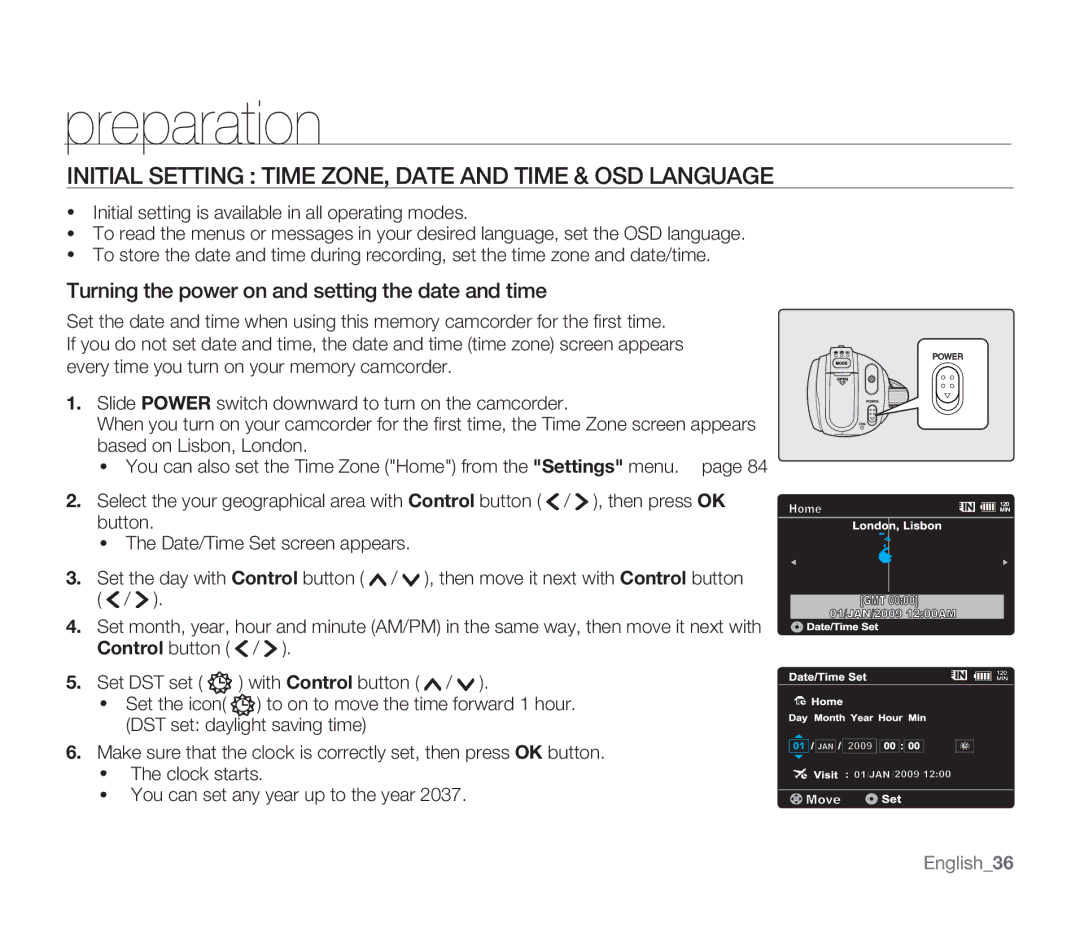 Samsung SMX-F33(2)LP, SMX-F30(0)SP, SMX-F33(2)RP, SMX-F33(2)BP Initial Setting Time ZONE, Date and Time & OSD Language 