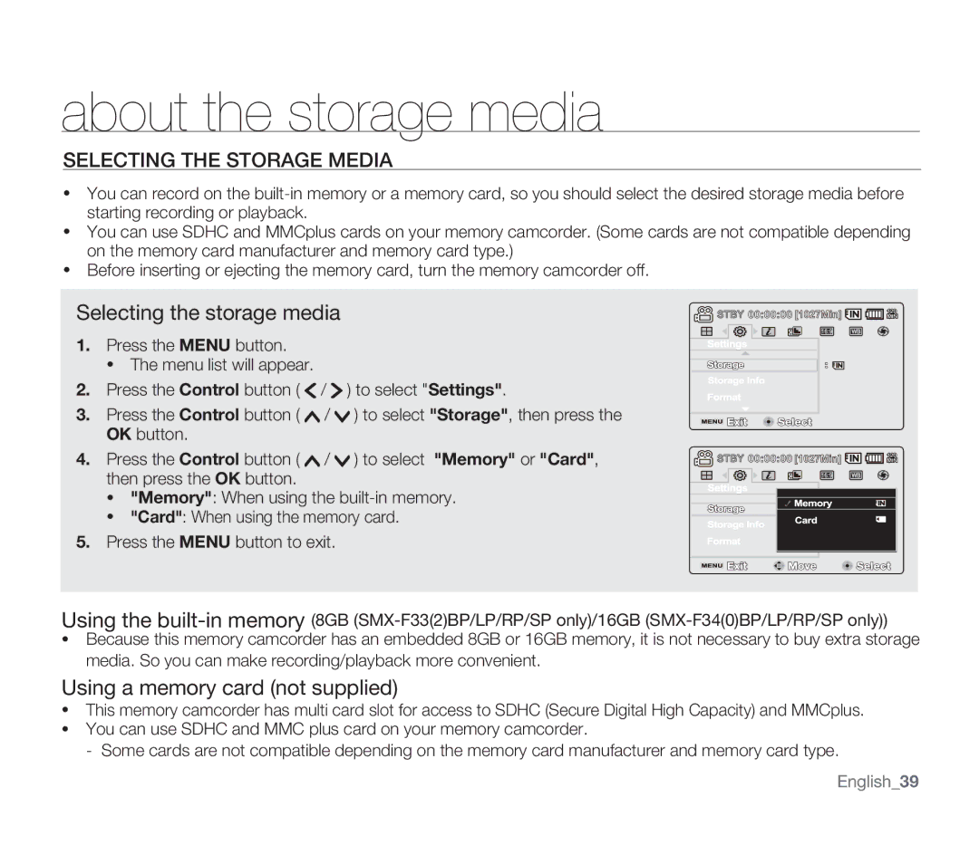 Samsung SMX-F30(0)BP, SMX-F30(0)SP About the storage media, Selecting the Storage Media, Selecting the storage media 