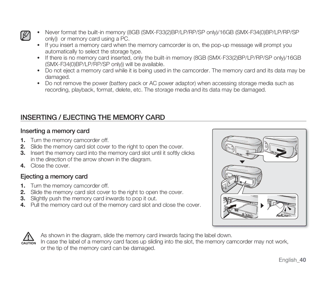 Samsung SMX-F34(0)RP, SMX-F30(0)SP Inserting / Ejecting the Memory Card, Inserting a memory card, Ejecting a memory card 