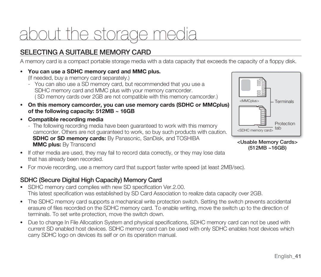 Samsung SMX-F34(0)BP, SMX-F30(0)SP Selecting a Suitable Memory Card, Sdhc Secure Digital High Capacity Memory Card 