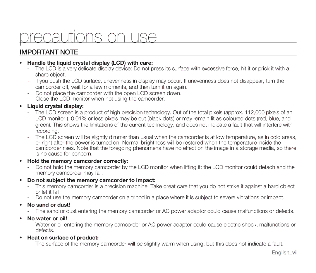 Samsung SMX-F33(2)LP, SMX-F30(0)SP, SMX-F33(2)RP, SMX-F33(2)BP, SMX-F30(0)RP, SMX-F30(0)LP Precautions on use, Important Note 