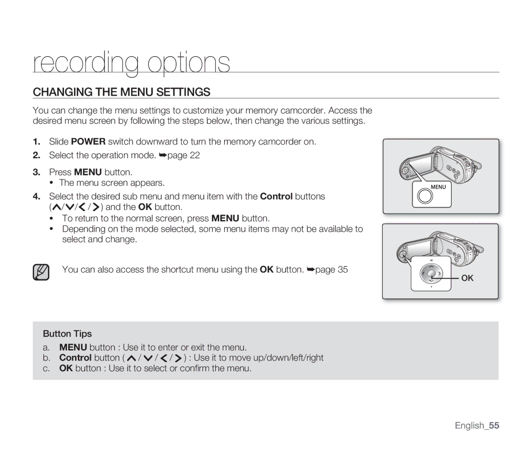 Samsung SMX-F33(2)RP, SMX-F30(0)SP, SMX-F33(2)BP, SMX-F30(0)RP, SMX-F30(0)LP Recording options, Changing the Menu Settings 