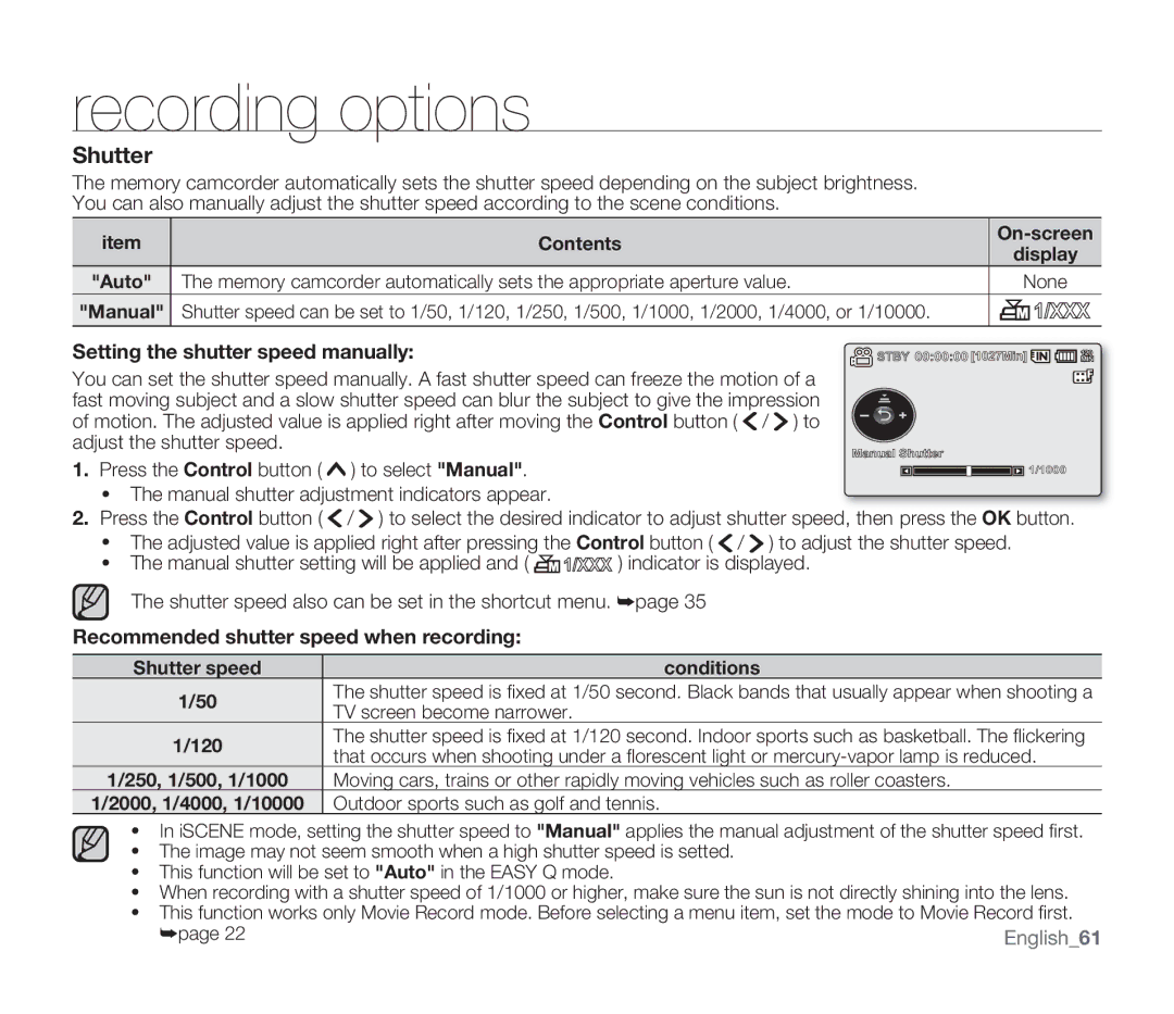 Samsung SMX-F33(2)SP, SMX-F30(0)SP user manual Setting the shutter speed manually, Recommended shutter speed when recording 