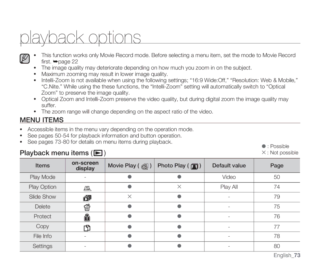 Samsung SMX-F33(2)SP, SMX-F30(0)SP, SMX-F33(2)RP, SMX-F33(2)BP, SMX-F30(0)RP user manual Playback options, Playback menu items 