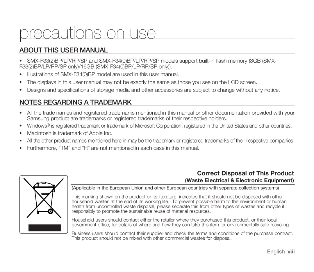 Samsung SMX-F34(0)LP, SMX-F30(0)SP user manual Macintosh is trademark of Apple Inc, Waste Electrical & Electronic Equipment 