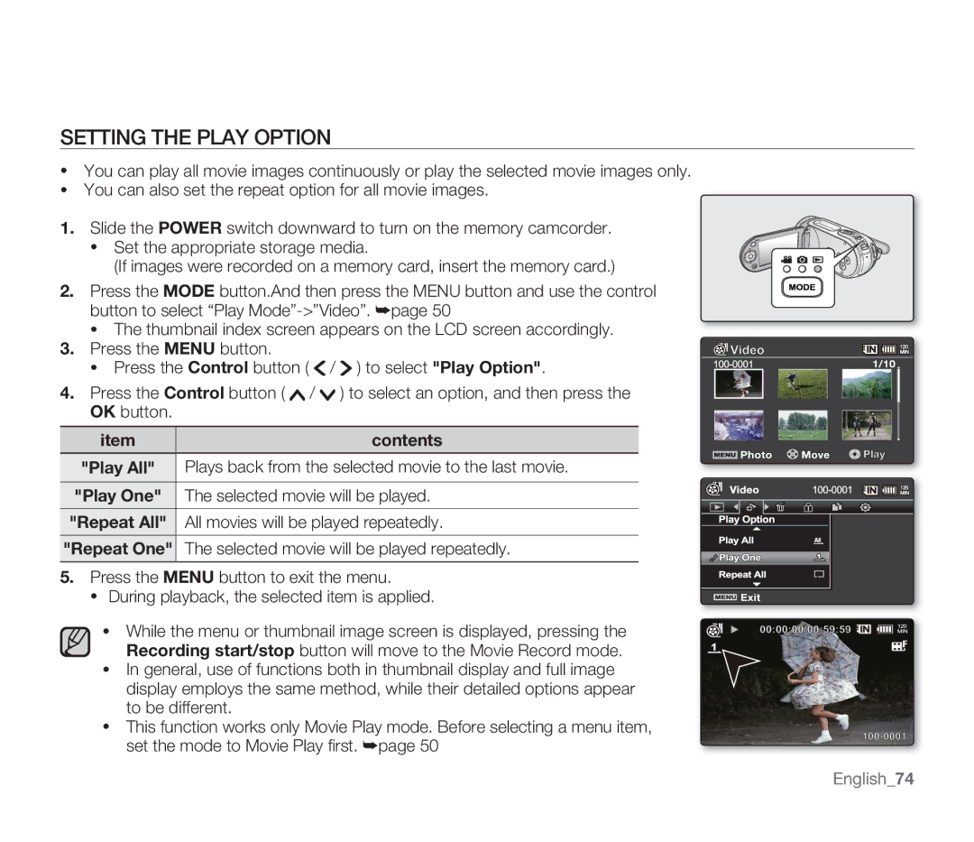 Samsung SMX-F34(0)LP, SMX-F30(0)SP user manual Setting the Play Option, Plays back from the selected movie to the last movie 