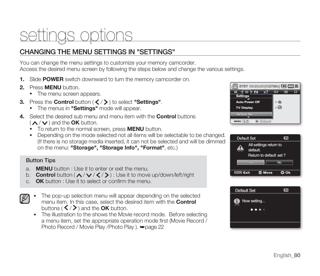 Samsung SMX-F33(2)BP, SMX-F30(0)SP, SMX-F33(2)RP, SMX-F30(0)RP Settings options, Changing the Menu Settings in Settings 