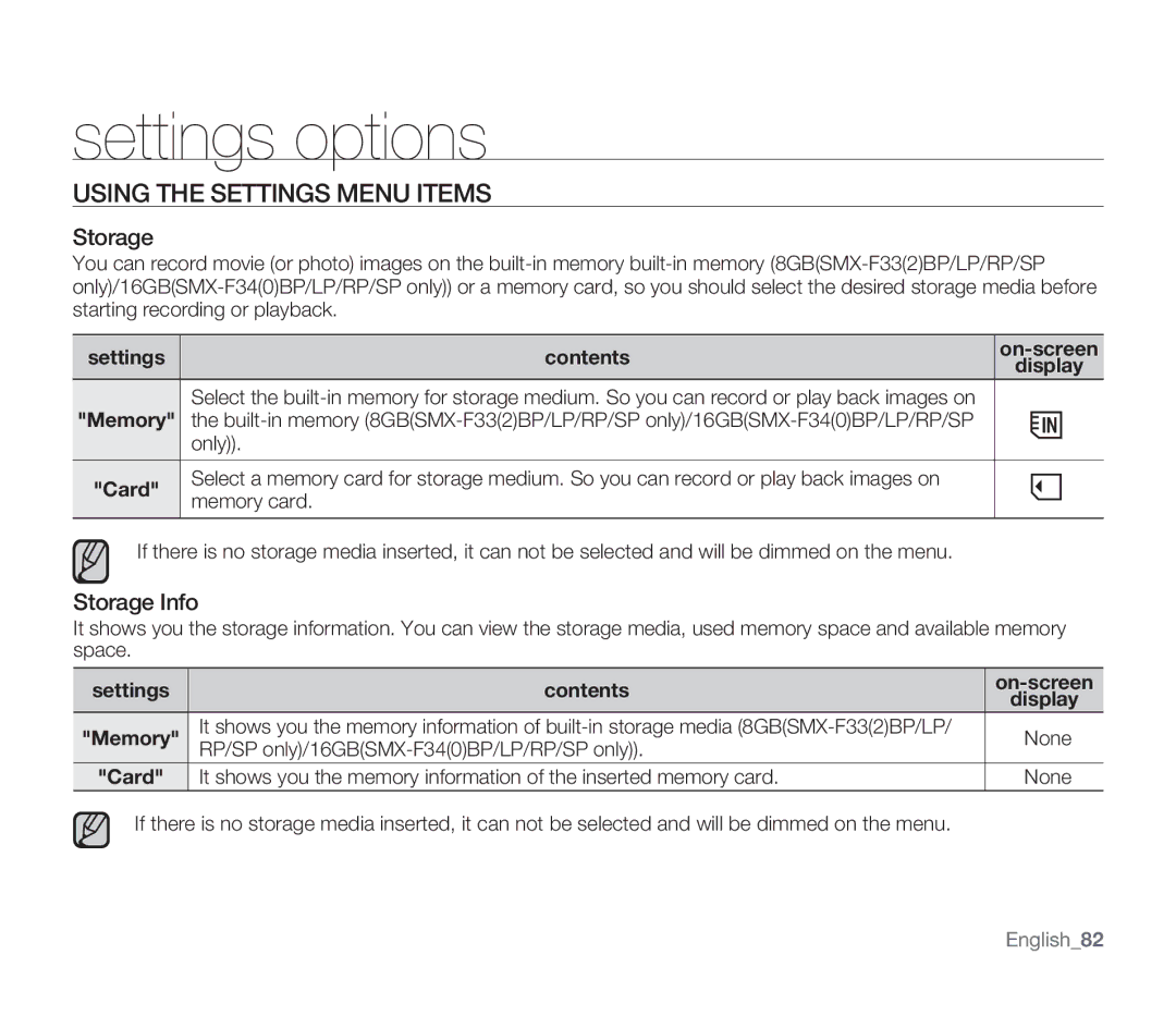 Samsung SMX-F30(0)LP, SMX-F30(0)SP, SMX-F33(2)RP Using the Settings Menu Items, Storage Info, Settings Contents 