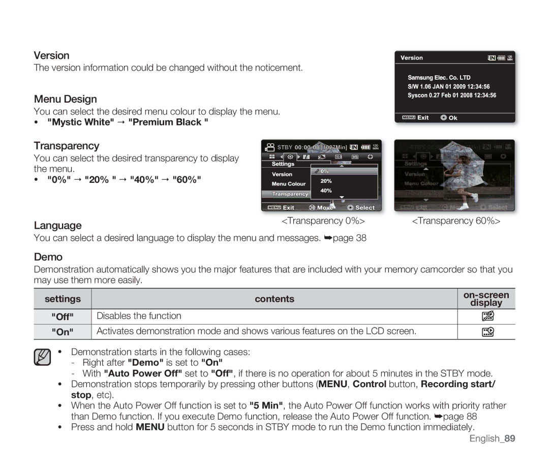 Samsung SMX-F34(0)BP, SMX-F30(0)SP, SMX-F33(2)RP, SMX-F33(2)BP user manual Version, Menu Design, Transparency, Language, Demo 