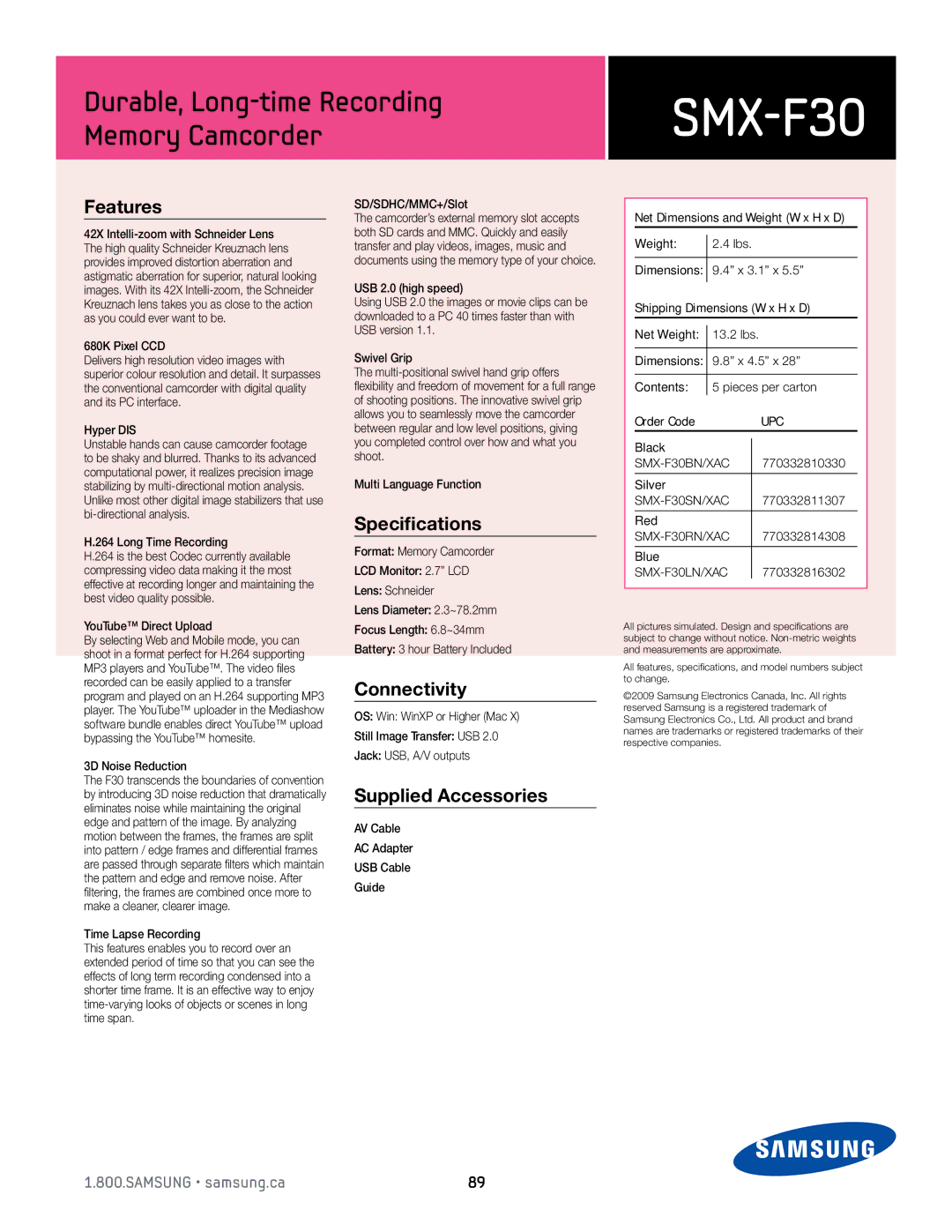 Samsung SMX-F30BN/XAC, SMX-F30LN/XAC, SMX-F30SN/XAC manual Features, Specifications, Connectivity, Supplied Accessories 