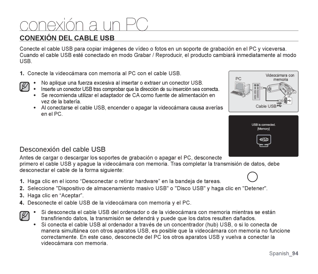 Samsung SMX-F30RP/EDC, SMX-F30SP/EDC, SMX-F30BP/EDC, SMX-F34BP/EDC manual Conexión DEL Cable USB, Desconexión del cable USB 