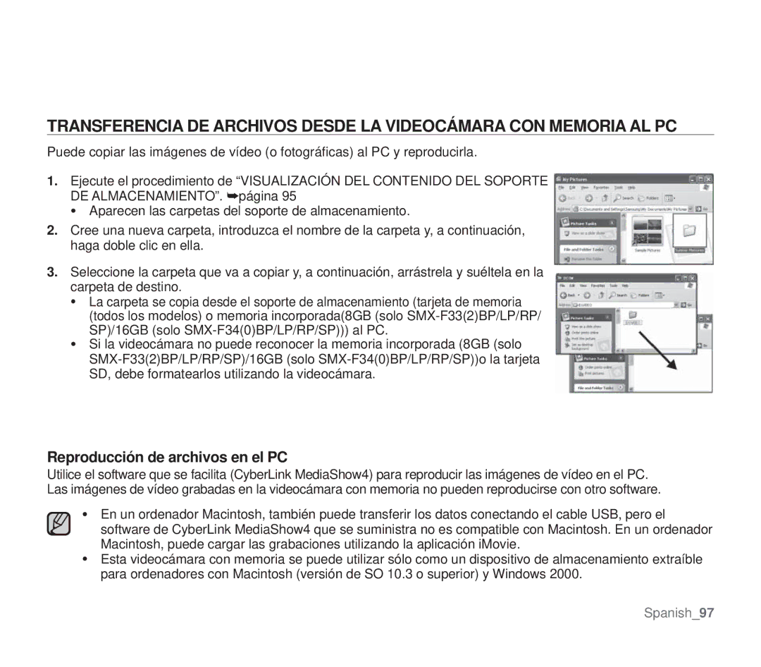 Samsung SMX-F30LP/EDC, SMX-F30SP/EDC, SMX-F30RP/EDC, SMX-F30BP/EDC, SMX-F34BP/EDC manual Reproducción de archivos en el PC 