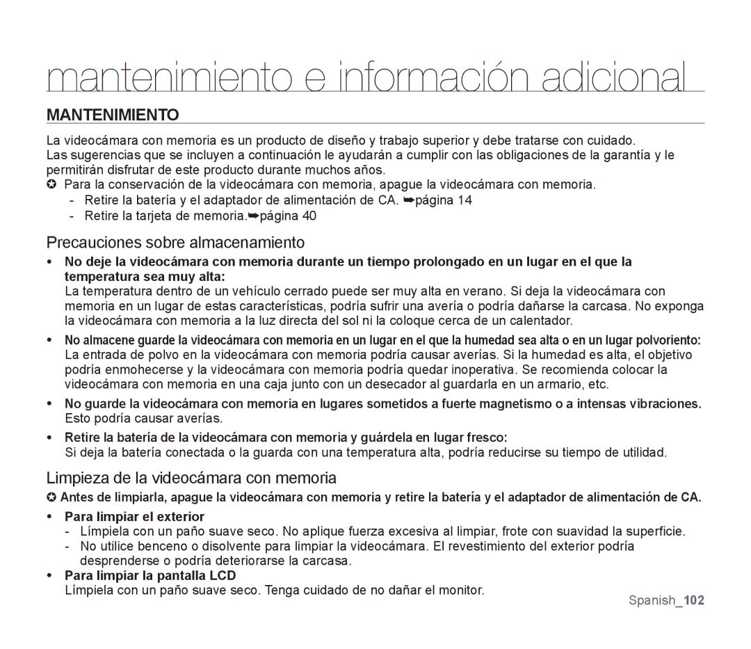 Samsung SMX-F30SP/EDC manual Mantenimiento, Precauciones sobre almacenamiento, Limpieza de la videocámara con memoria 