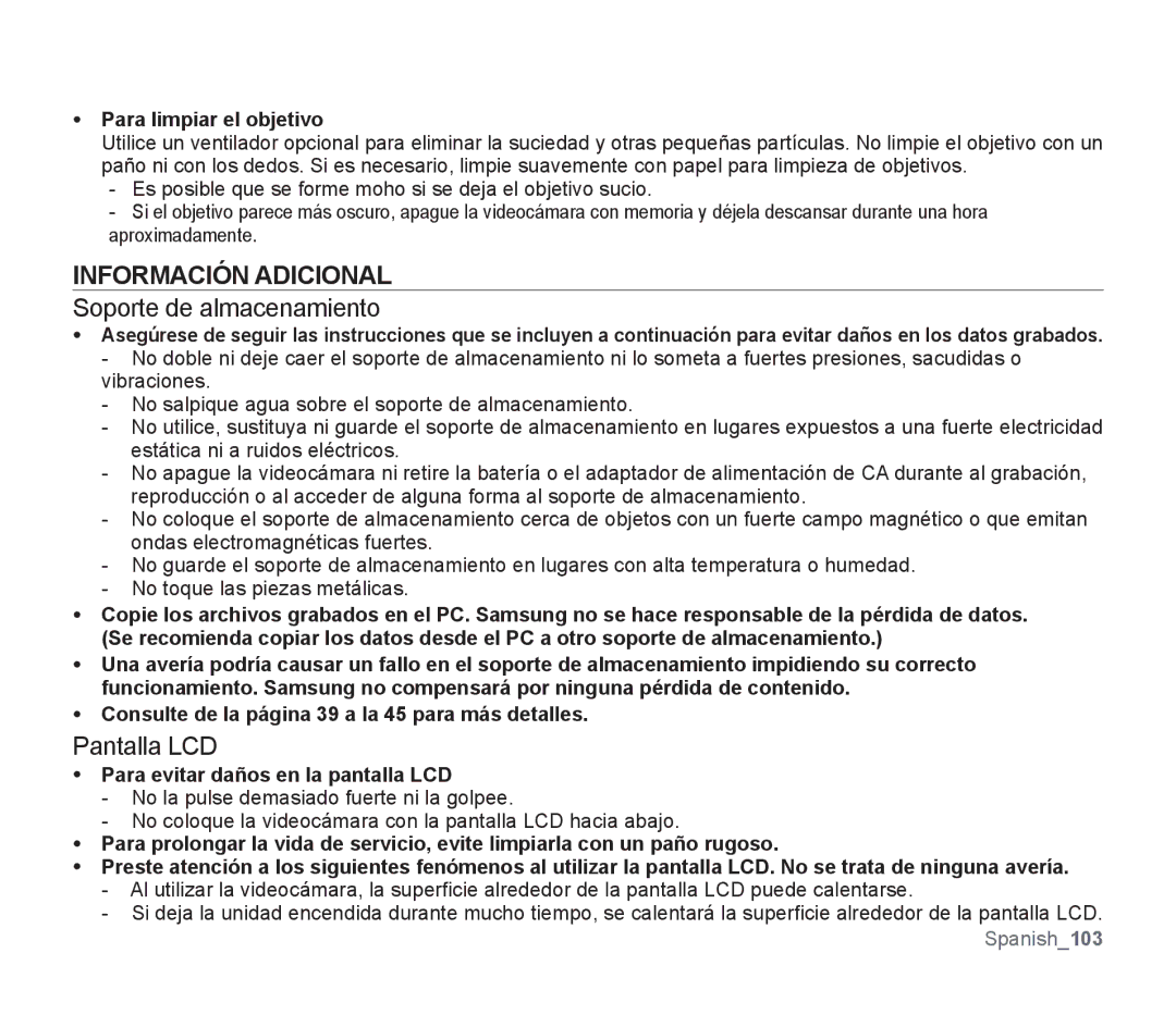 Samsung SMX-F30RP/EDC, SMX-F30SP/EDC, SMX-F30BP/EDC manual Información Adicional, Soporte de almacenamiento, Pantalla LCD 