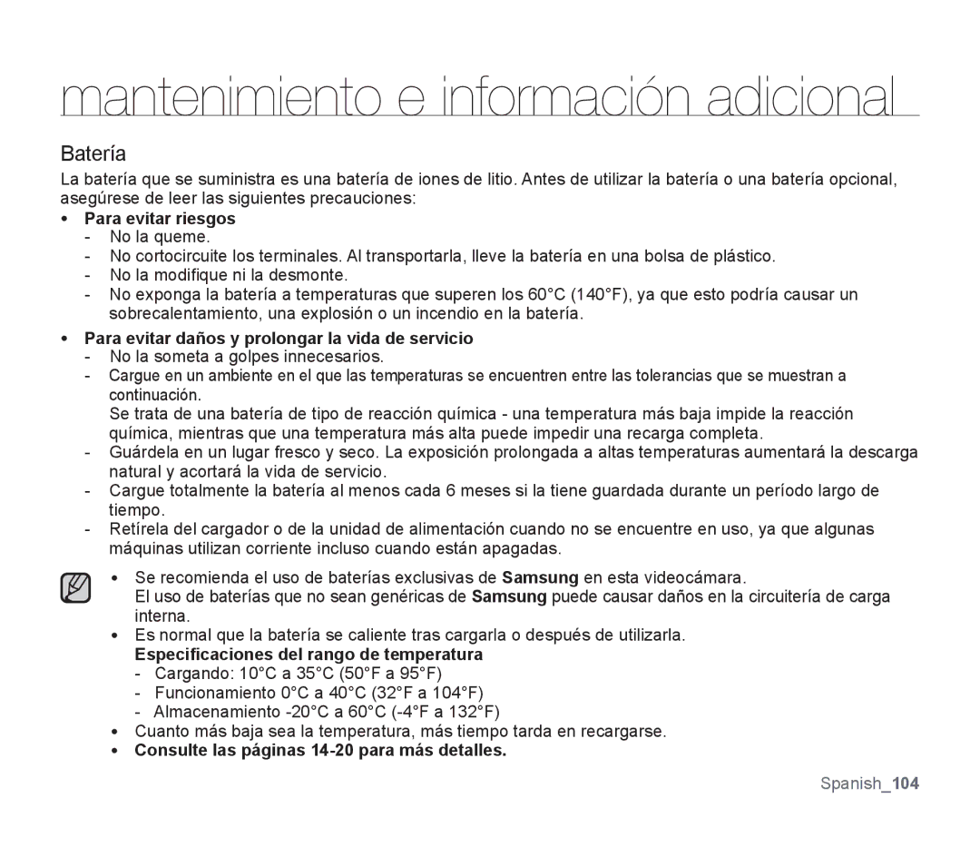 Samsung SMX-F30BP/EDC, SMX-F30SP/EDC manual Batería, Para evitar riesgos, Para evitar daños y prolongar la vida de servicio 