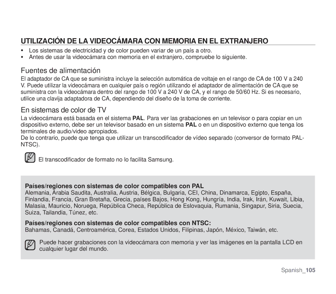 Samsung SMX-F34BP/EDC, SMX-F30SP/EDC Utilización DE LA Videocámara CON Memoria EN EL Extranjero, Fuentes de alimentación 