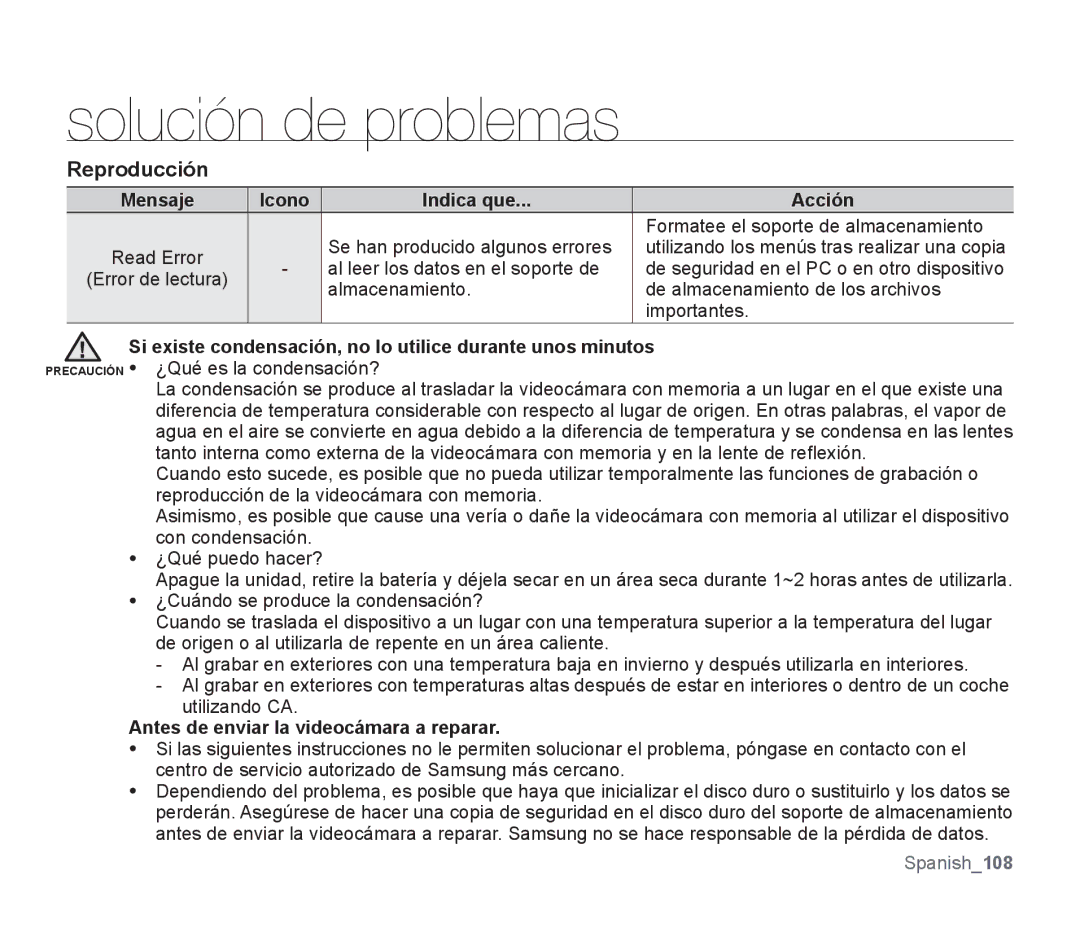 Samsung SMX-F30LP/CAN manual Reproducción, Formatee el soporte de almacenamiento, Antes de enviar la videocámara a reparar 