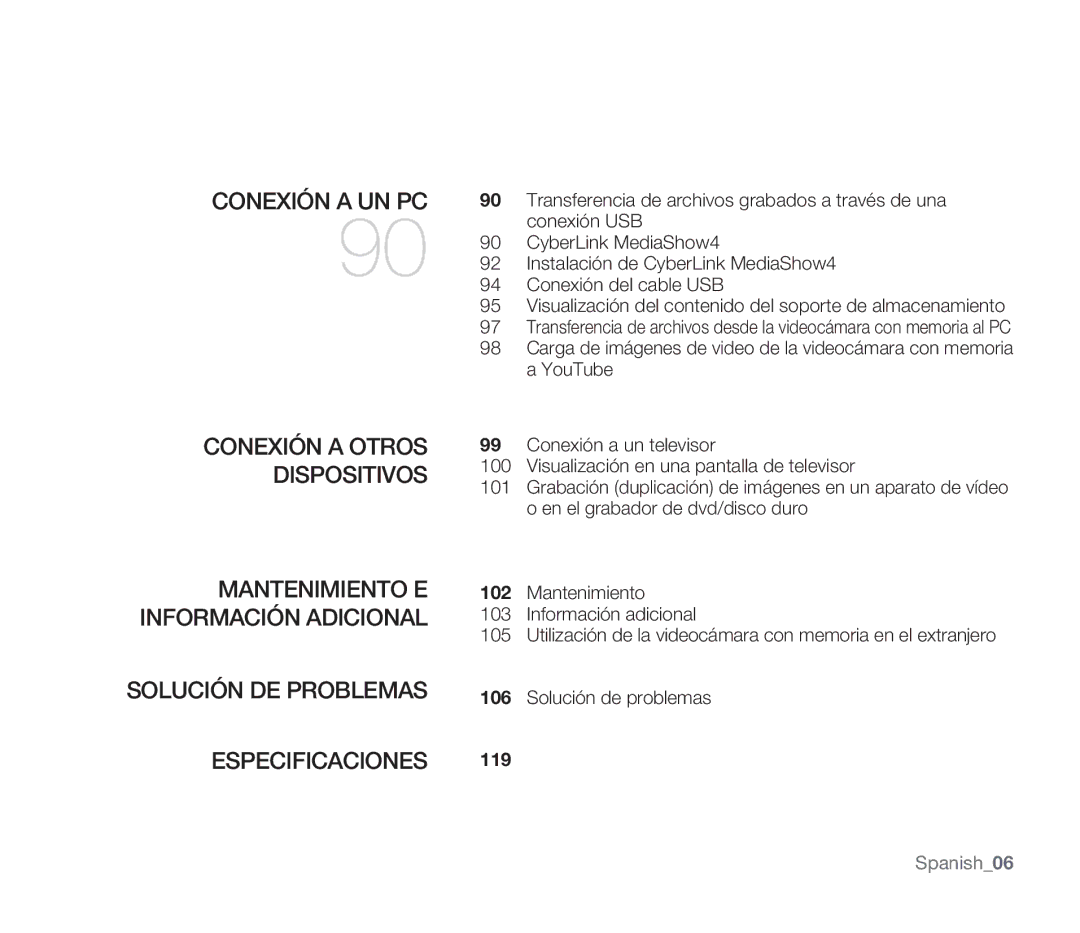 Samsung SMX-F34BP/EDC, SMX-F30SP/EDC, SMX-F30RP/EDC, SMX-F30BP/EDC, SMX-F30LP/EDC manual Conexión a UN PC, Especificaciones 