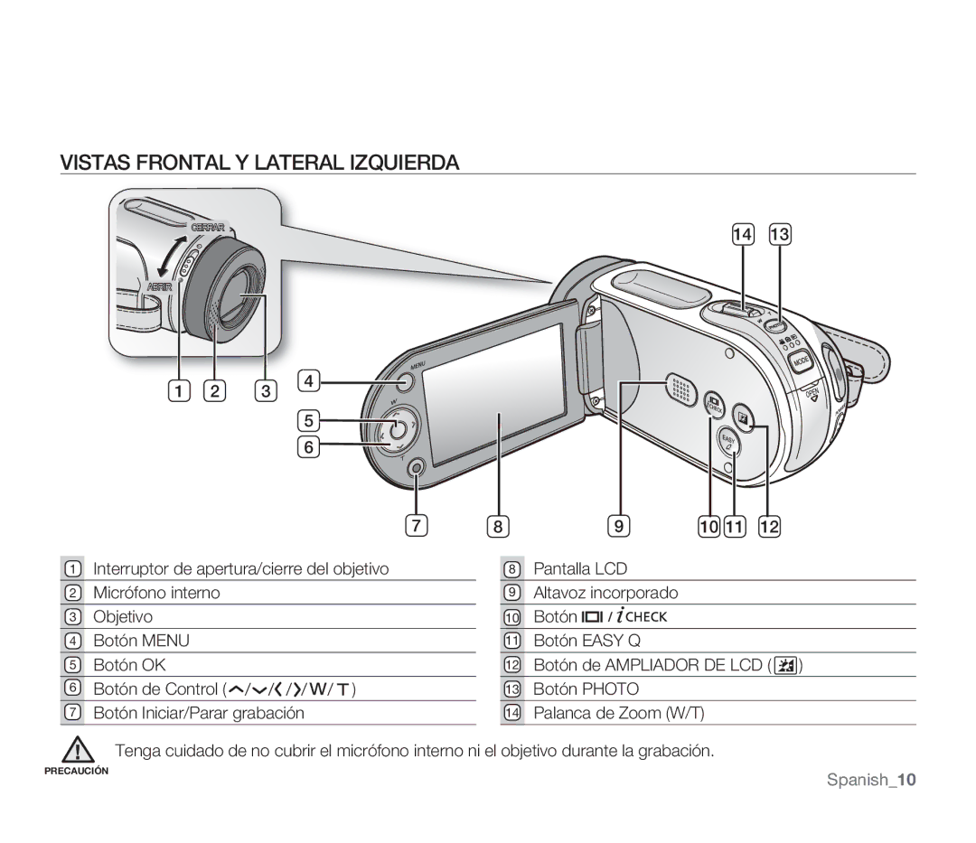 Samsung SMX-F30BP/CAN, SMX-F30SP/EDC, SMX-F30RP/EDC, SMX-F30BP/EDC, SMX-F34BP/EDC manual Vistas Frontal Y Lateral Izquierda 