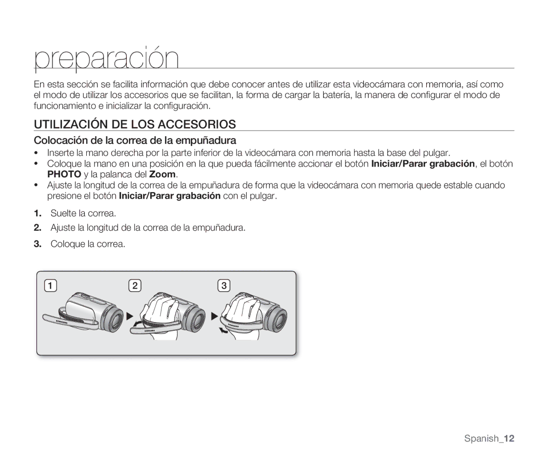 Samsung SMX-F30SP/EDC, SMX-F30RP/EDC Preparación, Utilización DE LOS Accesorios, Colocación de la correa de la empuñadura 