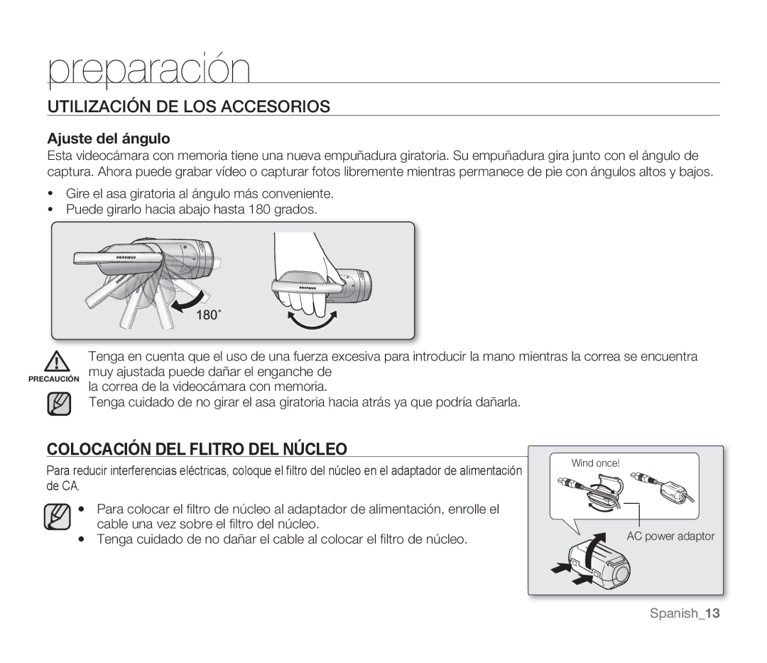 Samsung SMX-F30RP/EDC, SMX-F30SP/EDC, SMX-F30BP/EDC, SMX-F34BP/EDC manual Colocación DEL Flitro DEL Núcleo, Ajuste del ángulo 