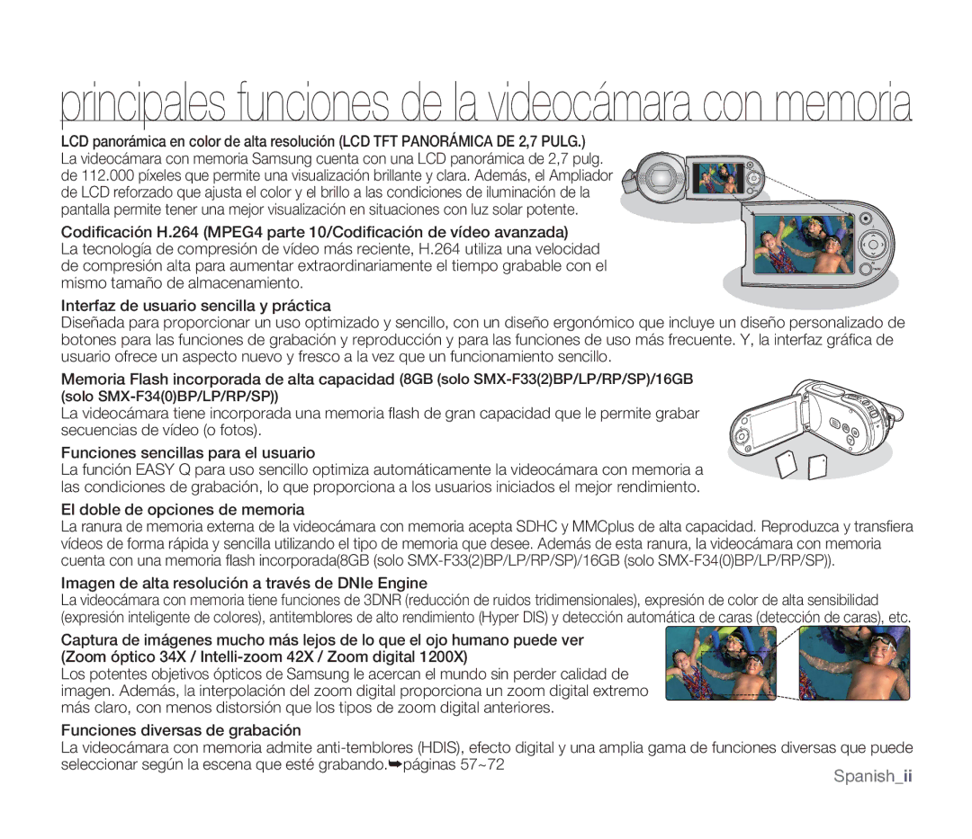 Samsung SMX-F30BP/EDC, SMX-F30SP/EDC, SMX-F30RP/EDC, SMX-F34BP/EDC manual Principales funciones de la videocámara con memoria 