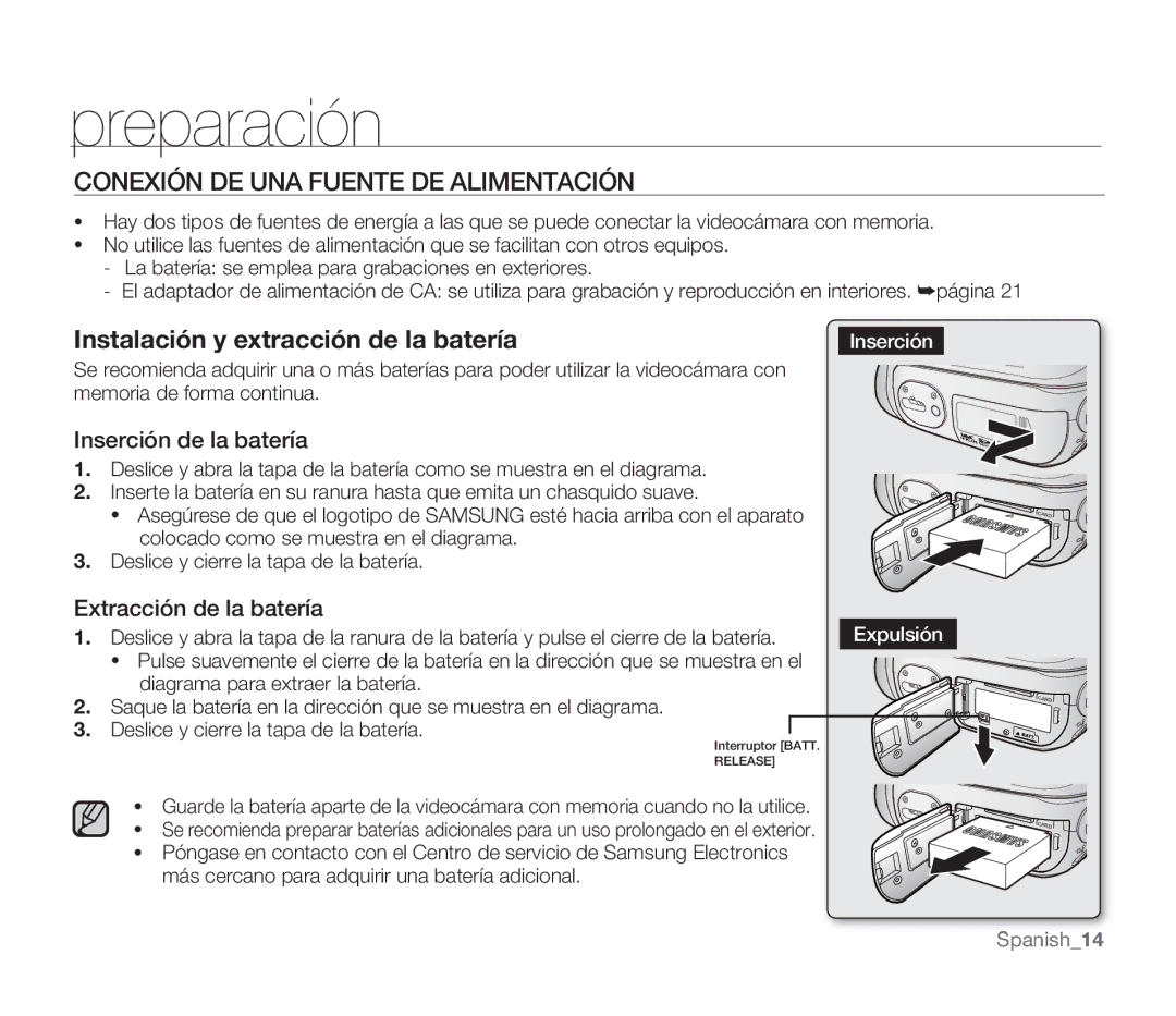 Samsung SMX-F30BP/EDC manual Conexión DE UNA Fuente DE Alimentación, Inserción de la batería, Extracción de la batería 