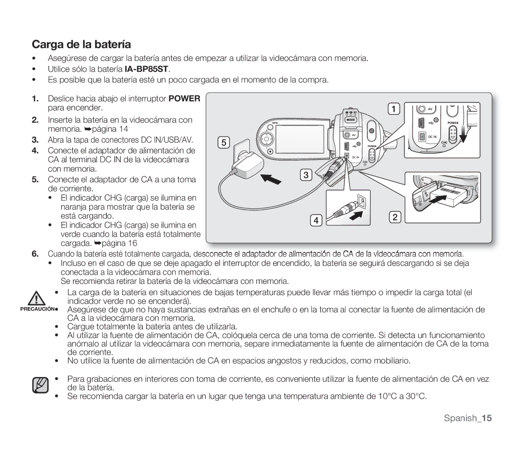 Samsung SMX-F34BP/EDC, SMX-F30SP/EDC, SMX-F30RP/EDC, SMX-F30BP/EDC, SMX-F30LP/EDC, SMX-F30SP/MEA manual Carga de la batería 