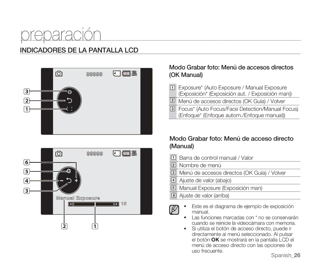 Samsung SMX-F30SP/MEA Modo Grabar foto Menú de accesos directos OK Manual, Modo Grabar foto Menú de acceso directo Manual 