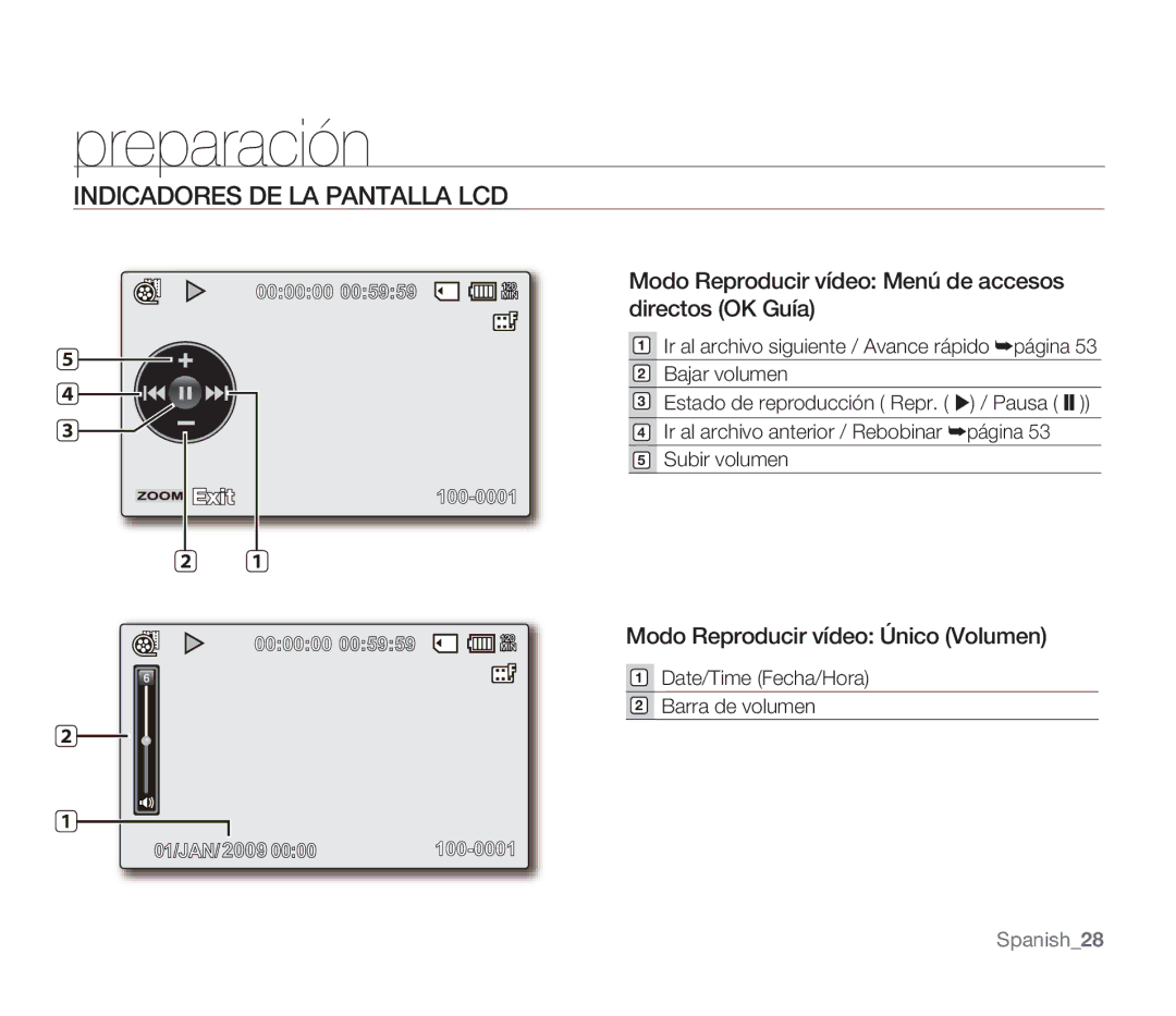 Samsung SMX-F30BP/CAN manual Modo Reproducir vídeo Menú de accesos directos OK Guía, Modo Reproducir vídeo Único Volumen 