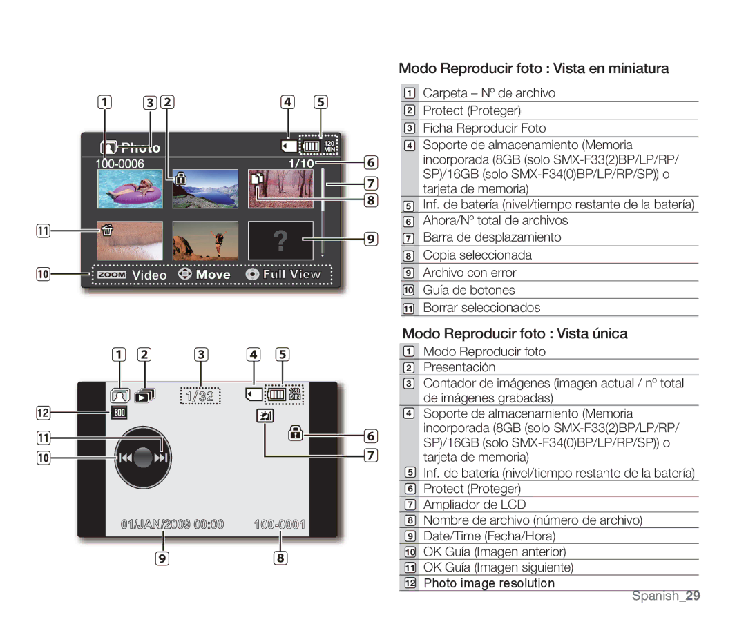 Samsung SMX-F30RP/CAN, SMX-F30SP/EDC manual Modo Reproducir foto Vista en miniatura, Modo Reproducir foto Vista única 