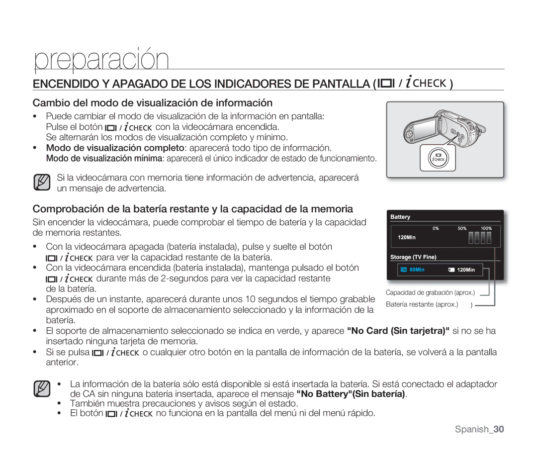 Samsung SMX-F30SP/EDC Encendido Y Apagado DE LOS Indicadores DE Pantalla, Cambio del modo de visualización de información 