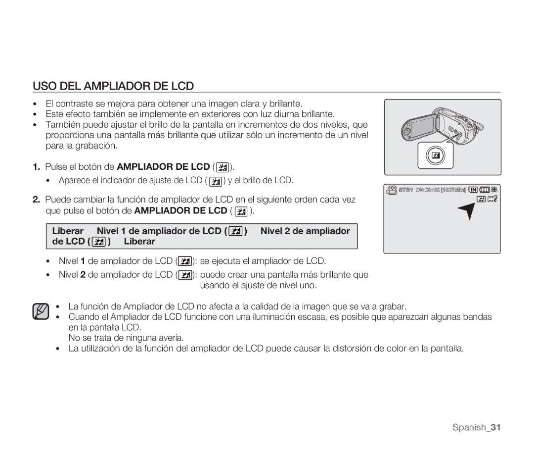 Samsung SMX-F30RP/EDC, SMX-F30SP/EDC, SMX-F30BP/EDC, SMX-F34BP/EDC, SMX-F30LP/EDC, SMX-F30SP/MEA manual USO DEL Ampliador DE LCD 