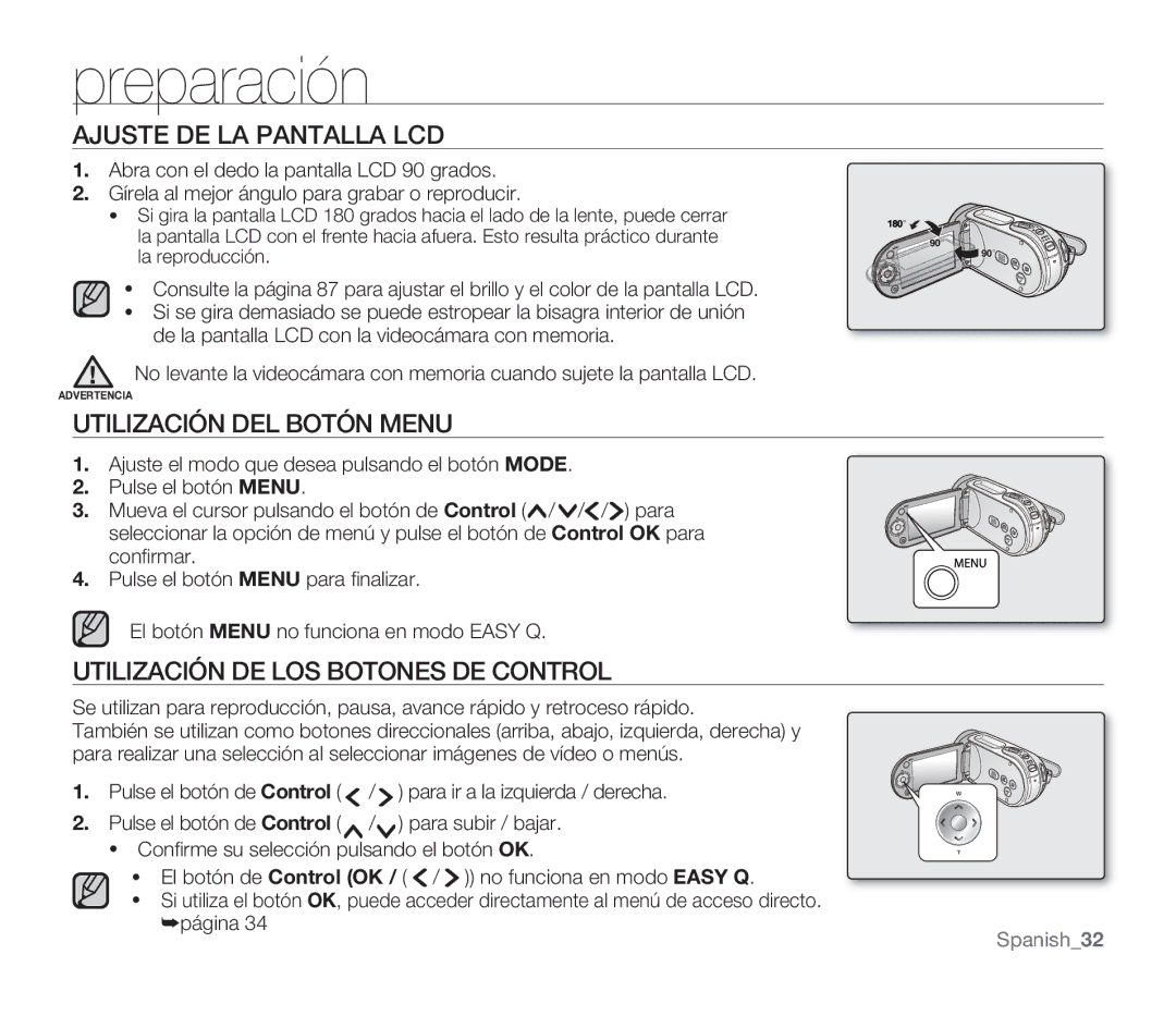 Samsung SMX-F30BP/EDC manual Ajuste DE LA Pantalla LCD, Utilización DEL Botón Menu, Utilización DE LOS Botones DE Control 