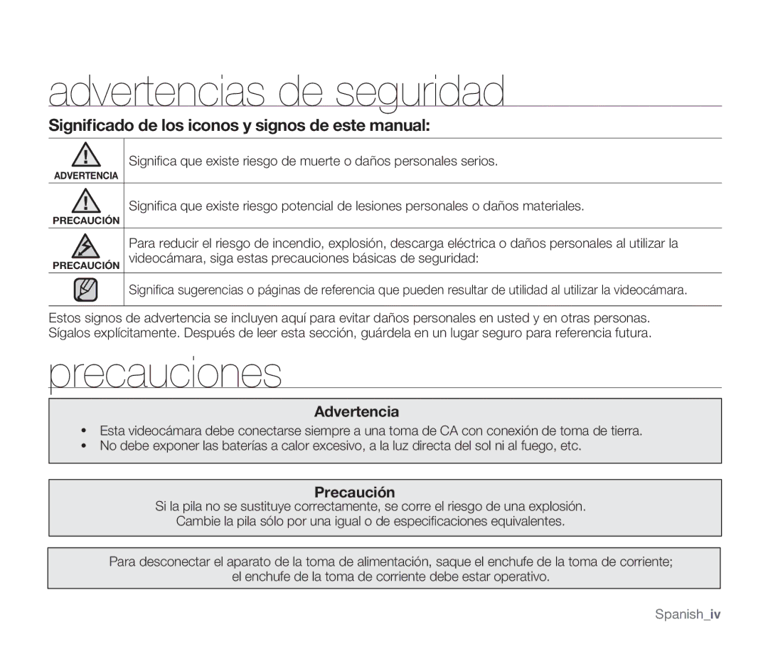 Samsung SMX-F30LP/EDC, SMX-F30SP/EDC, SMX-F30RP/EDC, SMX-F30BP/EDC manual Advertencias de seguridad, Precauciones, Precaución 