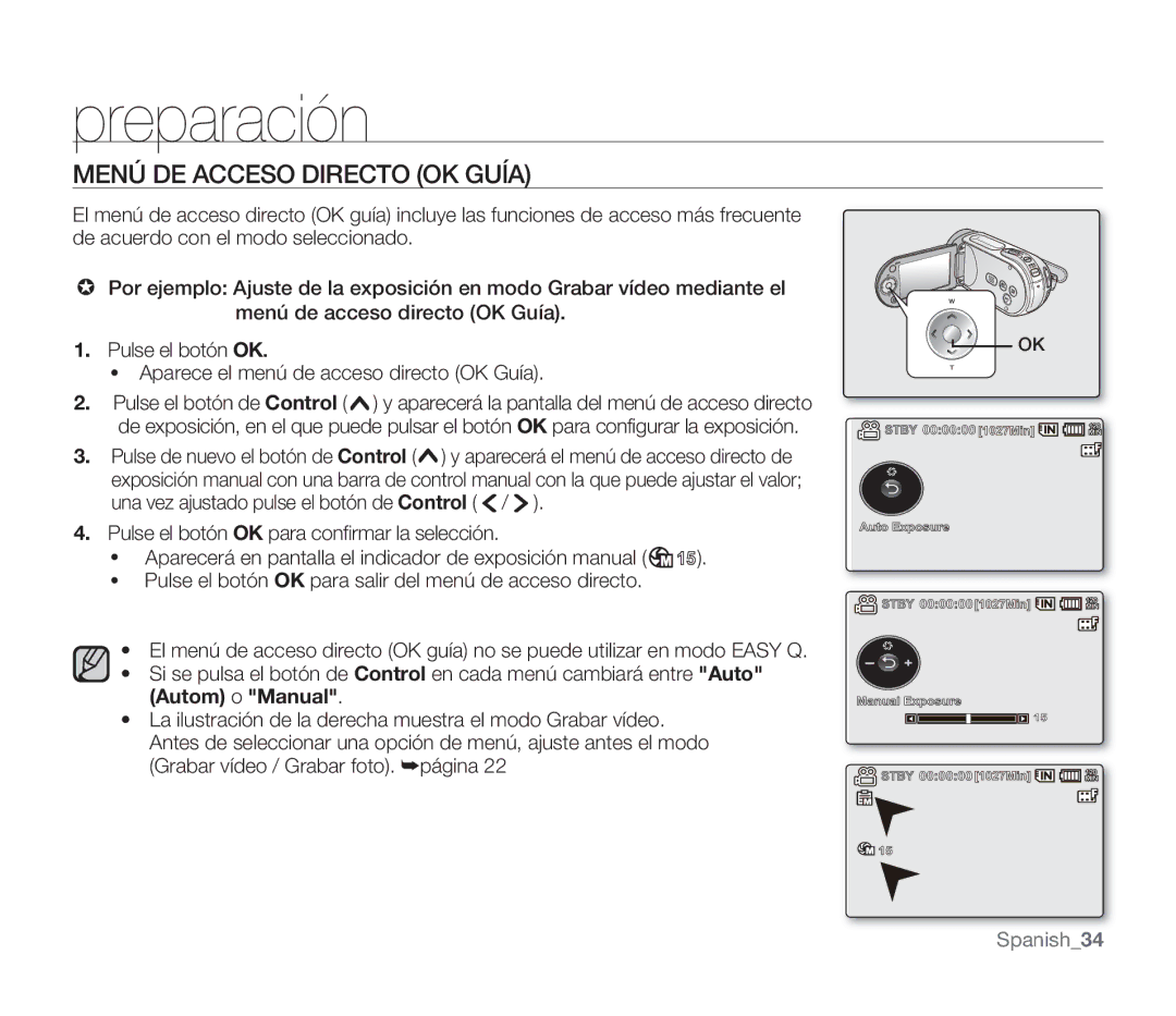 Samsung SMX-F30LP/EDC, SMX-F30SP/EDC, SMX-F30RP/EDC, SMX-F30BP/EDC, SMX-F34BP/EDC manual Menú DE Acceso Directo OK Guía 