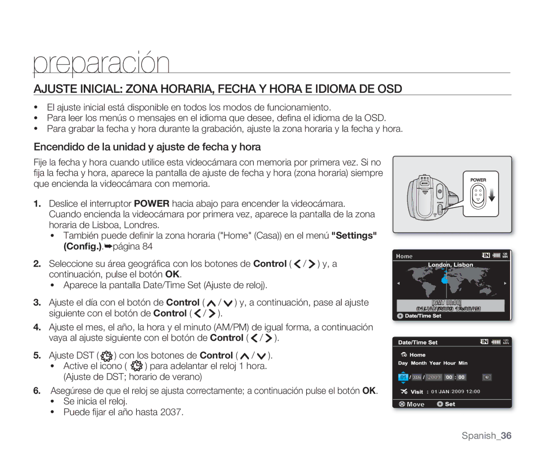 Samsung SMX-F30LP/CAN, SMX-F30SP/EDC, SMX-F30RP/EDC, SMX-F30BP/EDC Ajuste Inicial Zona HORARIA, Fecha Y Hora E Idioma DE OSD 