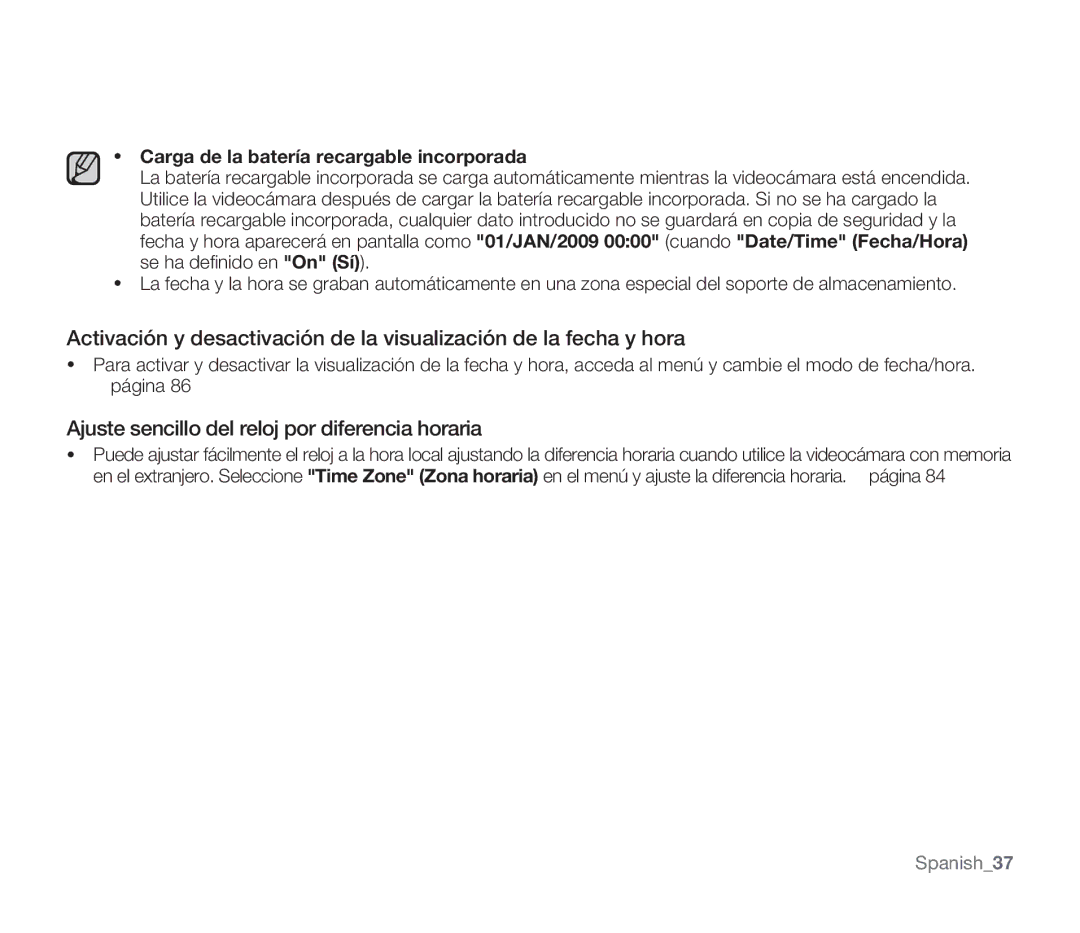 Samsung SMX-F30BP/CAN manual Ajuste sencillo del reloj por diferencia horaria, Carga de la batería recargable incorporada 