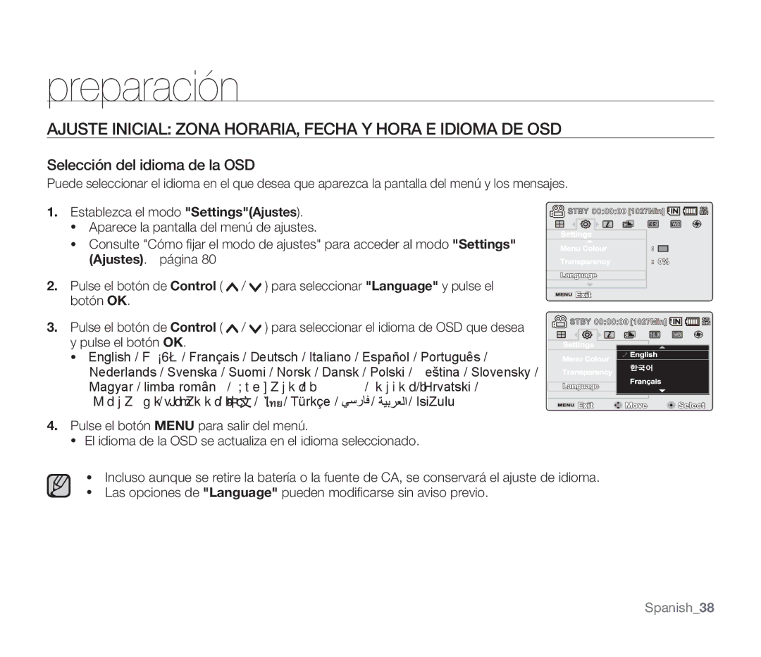 Samsung SMX-F30RP/CAN, SMX-F30SP/EDC, SMX-F30RP/EDC manual Selección del idioma de la OSD, Establezca el modo SettingsAjustes 