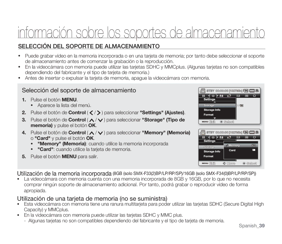 Samsung SMX-F30SP/EDC, SMX-F30RP/EDC manual Selección DEL Soporte DE Almacenamiento, Selección del soporte de almacenamiento 