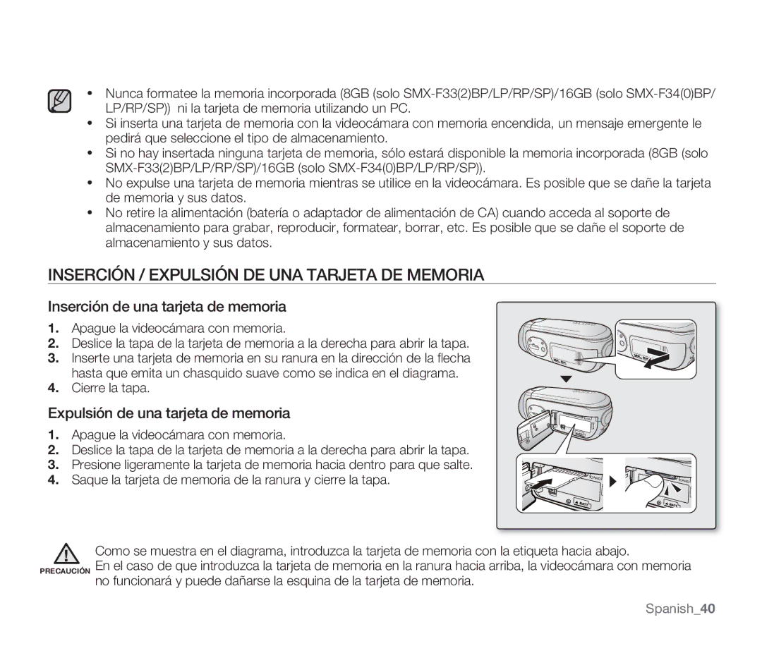 Samsung SMX-F30RP/EDC Inserción / Expulsión DE UNA Tarjeta DE Memoria, Inserción de una tarjeta de memoria, Cierre la tapa 