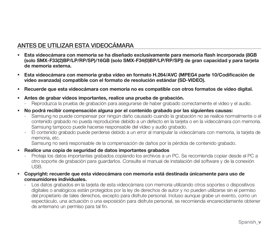 Samsung SMX-F30SP/MEA Antes DE Utilizar Esta Videocámara, Realice una copia de seguridad de datos importantes grabados 