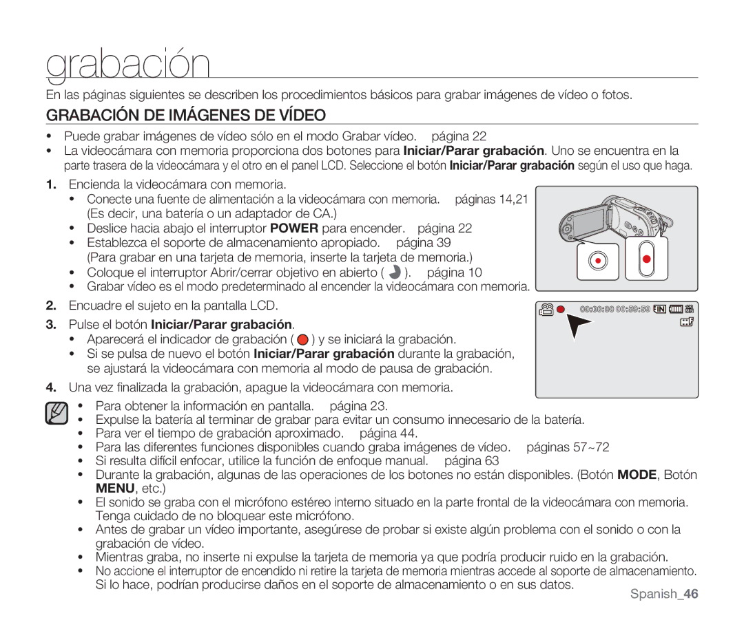 Samsung SMX-F30BP/CAN, SMX-F30SP/EDC manual Grabación DE Imágenes DE Vídeo, Pulse el botón Iniciar/Parar grabación 