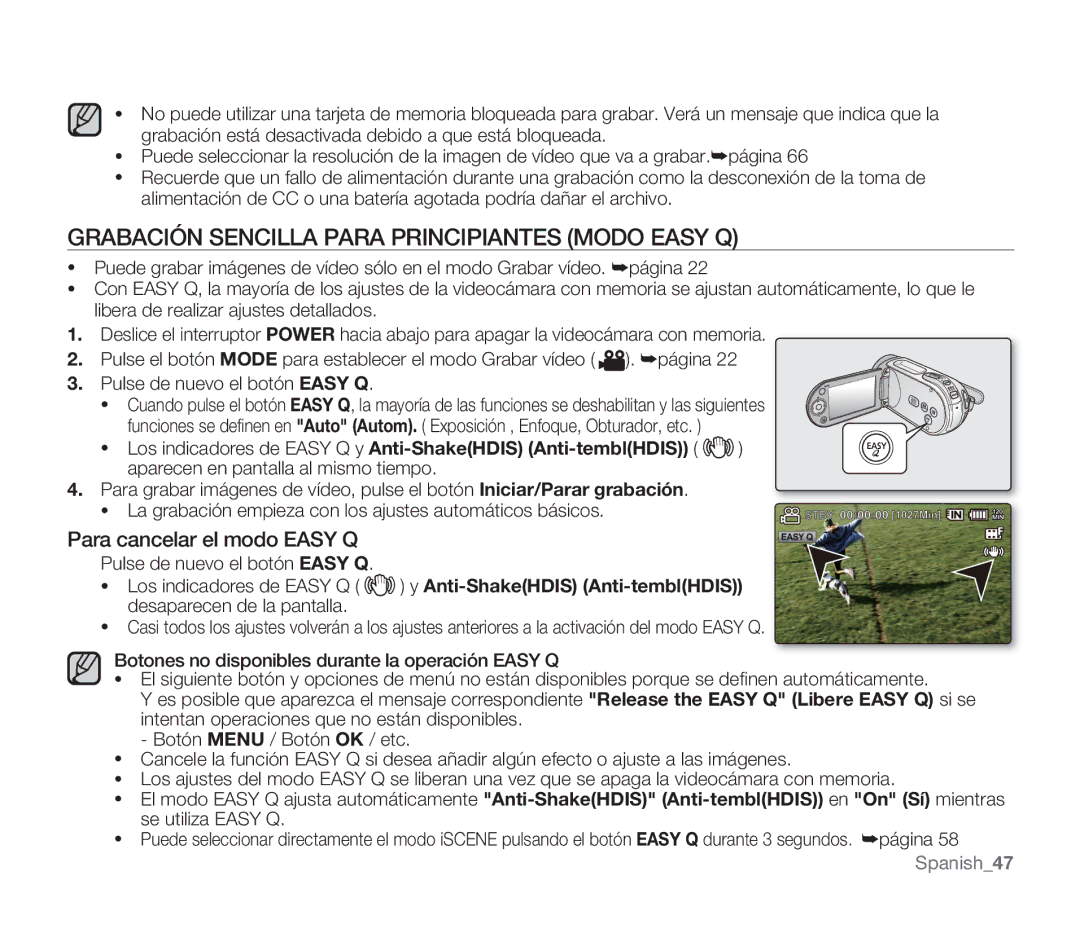 Samsung SMX-F30RP/CAN, SMX-F30SP/EDC manual Grabación Sencilla Para Principiantes Modo Easy Q, Para cancelar el modo Easy Q 