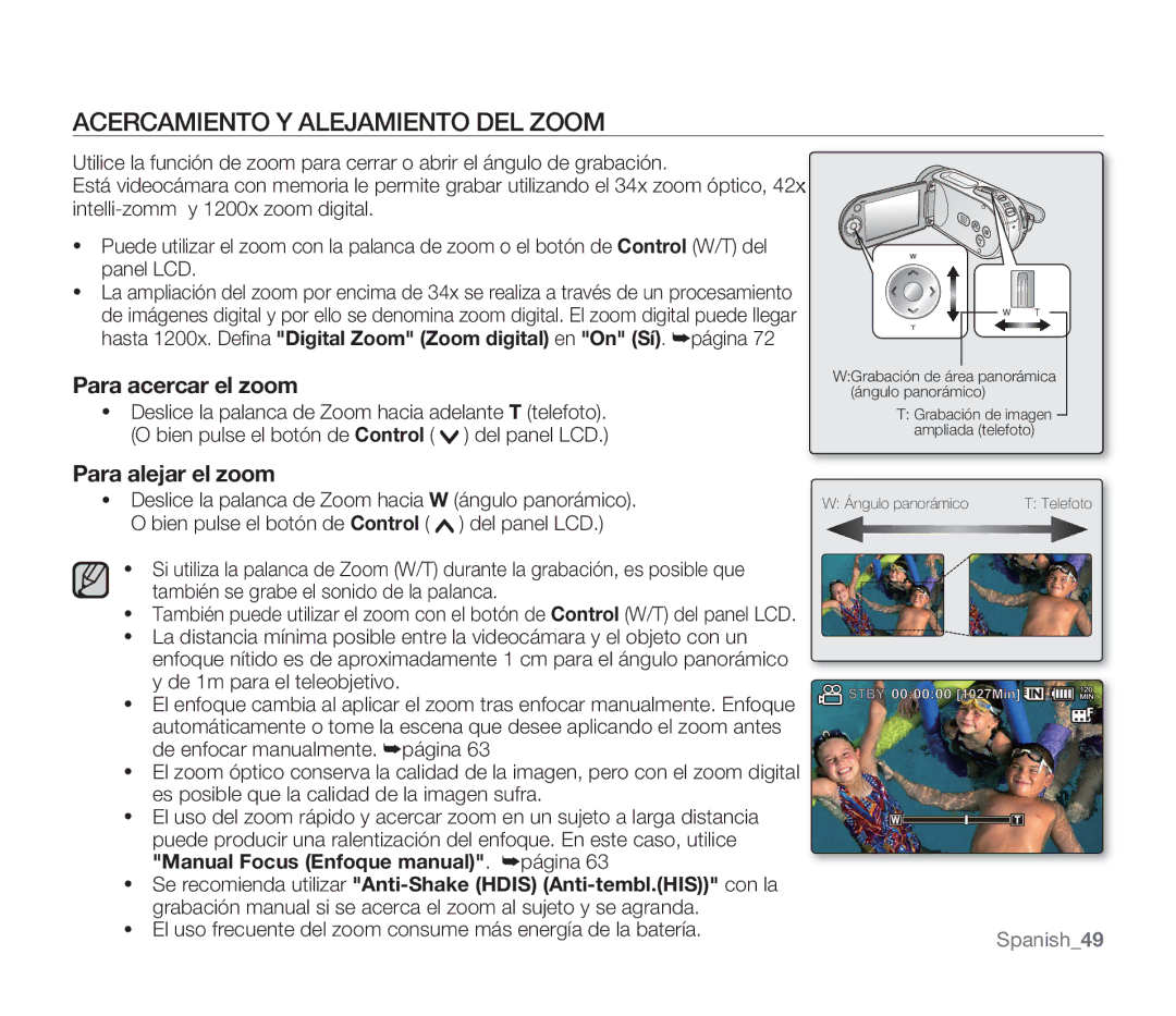 Samsung SMX-F30RP/EDC, SMX-F30SP/EDC manual Acercamiento Y Alejamiento DEL Zoom, Para acercar el zoom, Para alejar el zoom 