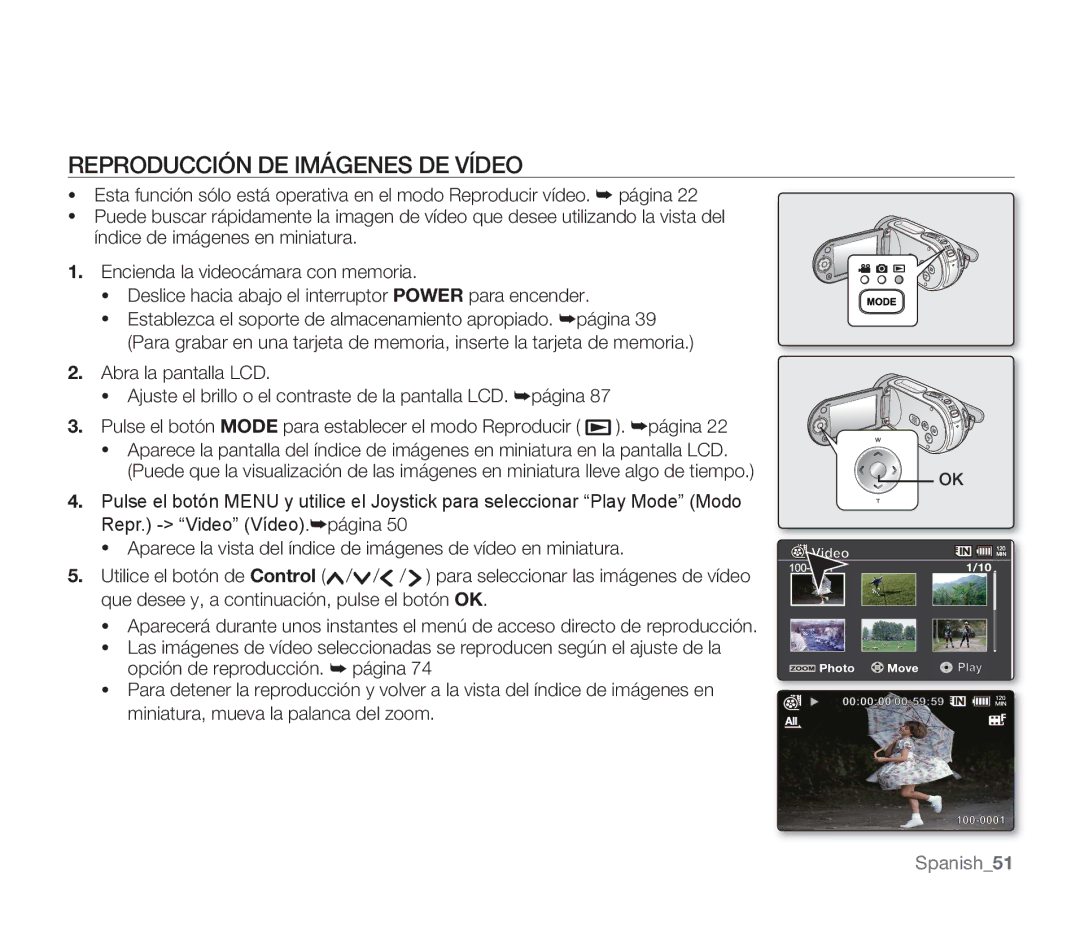 Samsung SMX-F34BP/EDC, SMX-F30SP/EDC, SMX-F30RP/EDC, SMX-F30BP/EDC, SMX-F30LP/EDC manual Reproducción DE Imágenes DE Vídeo 