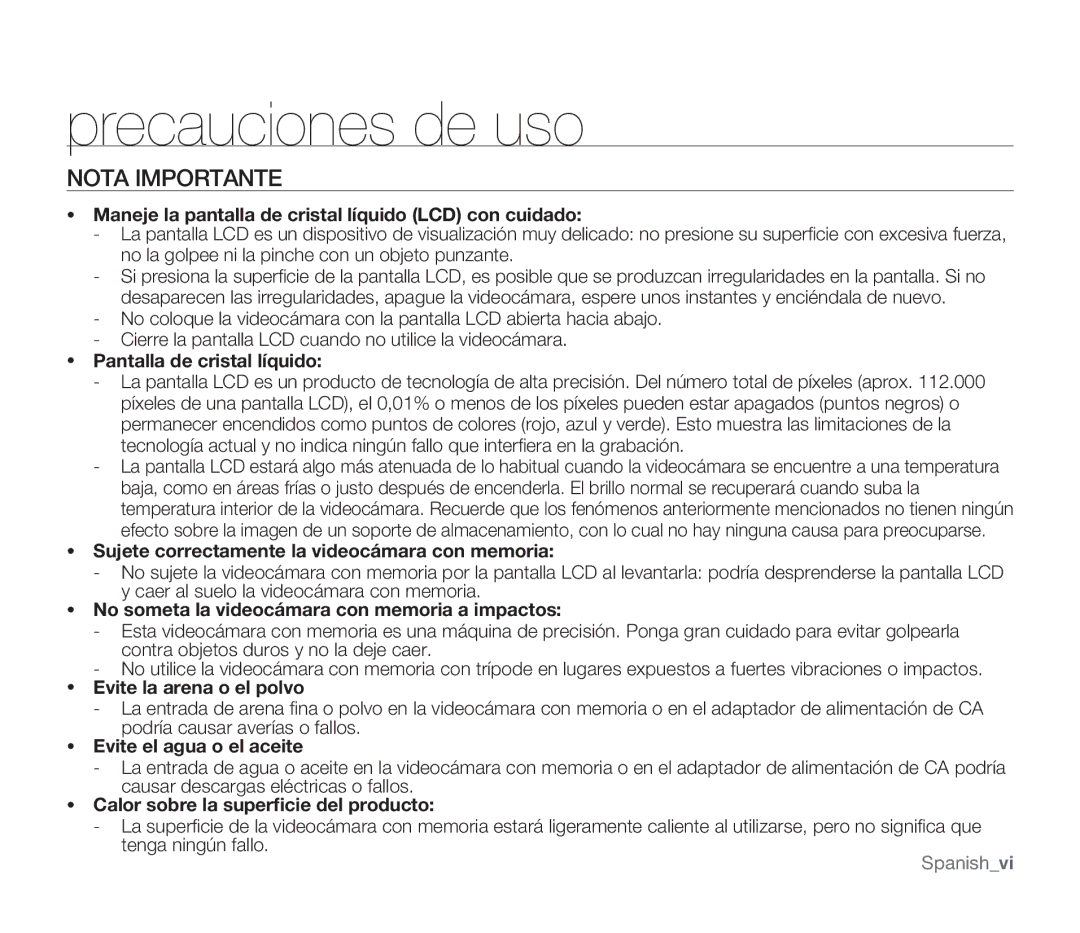 Samsung SMX-F30LP/CAN, SMX-F30SP/EDC, SMX-F30RP/EDC, SMX-F30BP/EDC, SMX-F34BP/EDC manual Precauciones de uso, Nota Importante 